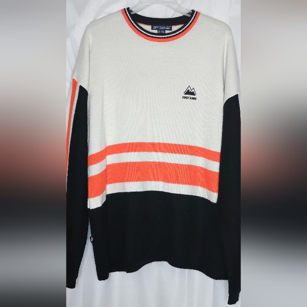 Stylish Black and Orange Crewneck Sweater with Color-Block Design By First Down.